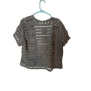 Coldwater Creek Crochet Open Front Short Sleeve Cardigan Sweater Taupe